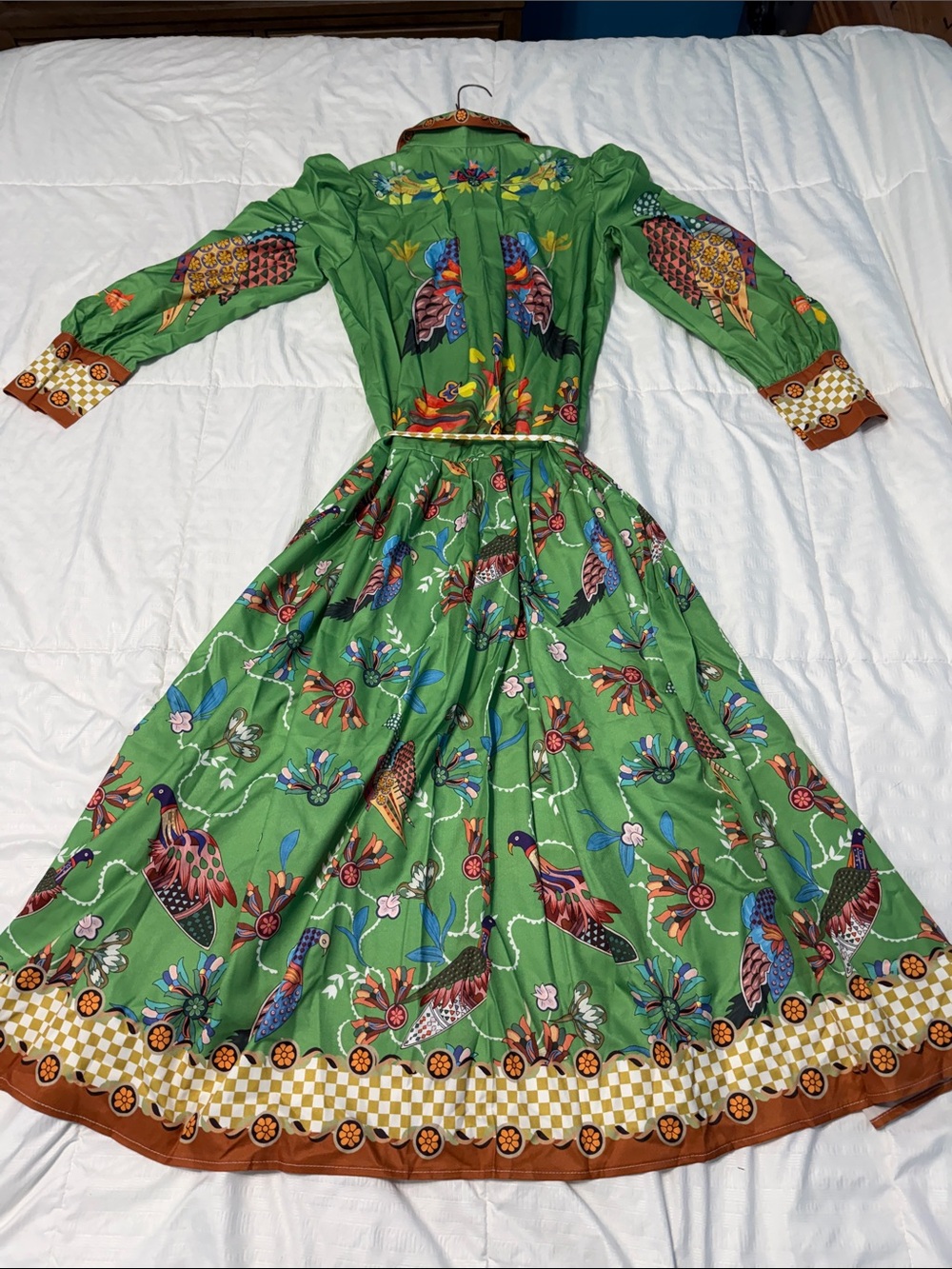 Boho Green Floral & Bird Print Maxi Shirt Dress Fall 2026 L - Picture 8 of 16